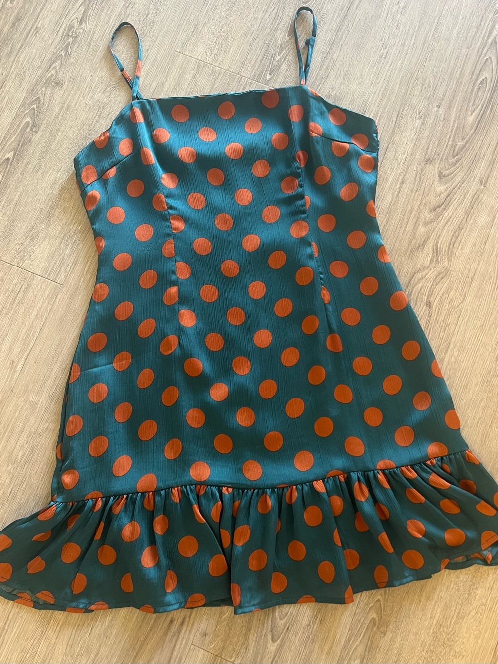 Teal Polka Dot Slip Dress | Spaghetti Strap Mini Dress with Ruffle Hem